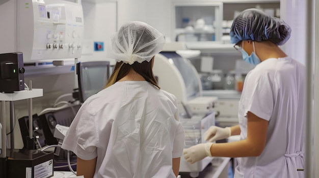 two women wearing protective masks are in a lab with the lab lab logo on the back