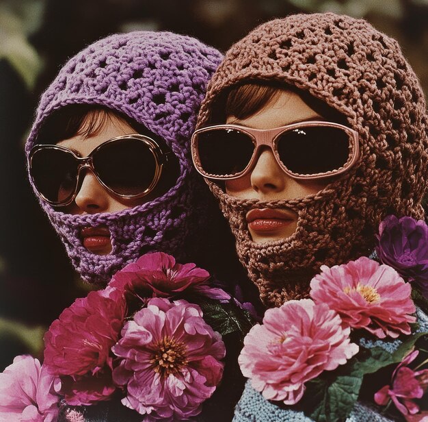 Photo two women wearing sunglasses and a hat with a hat that says  knit