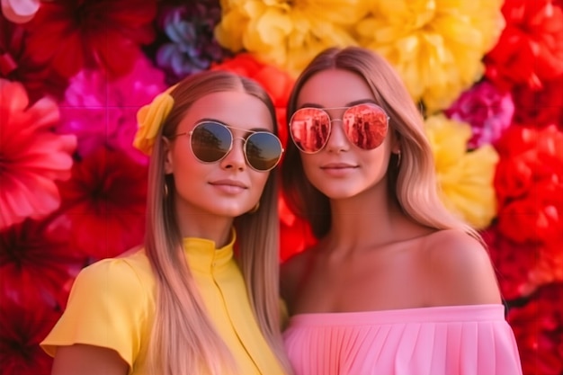 Two women wearing sunglasses stand in front of a colorful flower wall