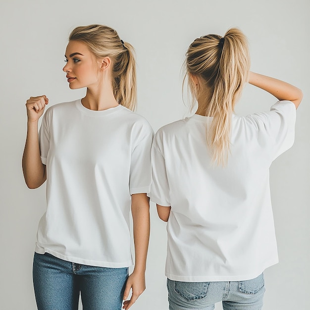 two women wearing white shirts that say quot t shirts quot