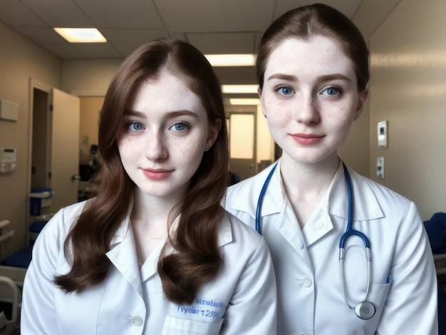 Two women in white coats stand in a hallway, one of them has a stethoscope on her neck.