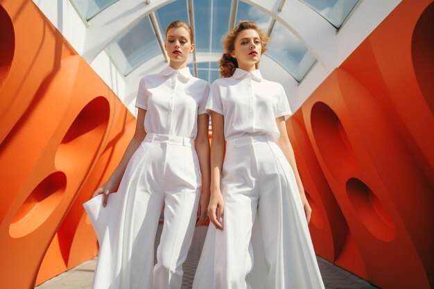 Photo two women in white dresses are standing in front of a red wall