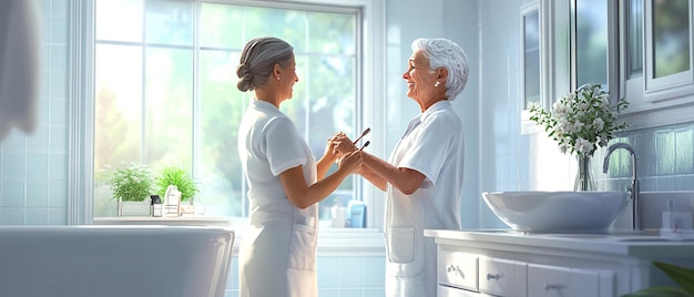 Photo two women in white uniforms stand in front of a window with the words quot women quot on the side