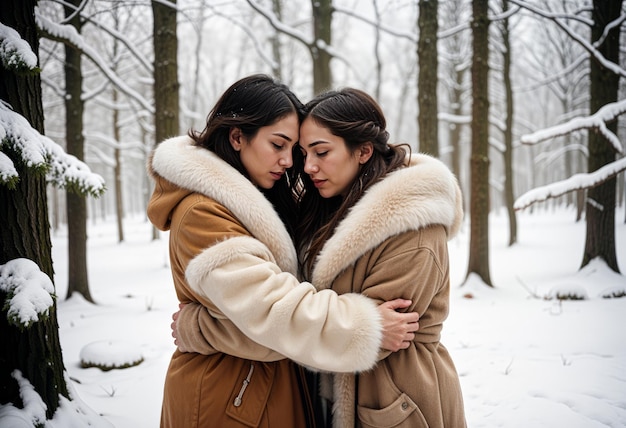 two women in winter coats wood are hugging each other in the snow