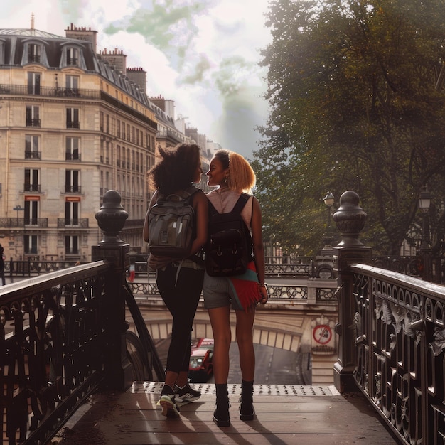 Photo two women with backpacks gazing at each other on a bridge in paris