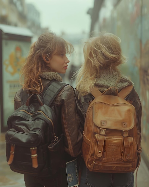 Two women with backpacks walking in an urban setting exuding a sense of friendship and adventure