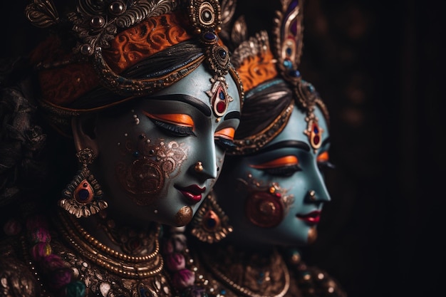 Two women with blue face paint and the word navratri on the left