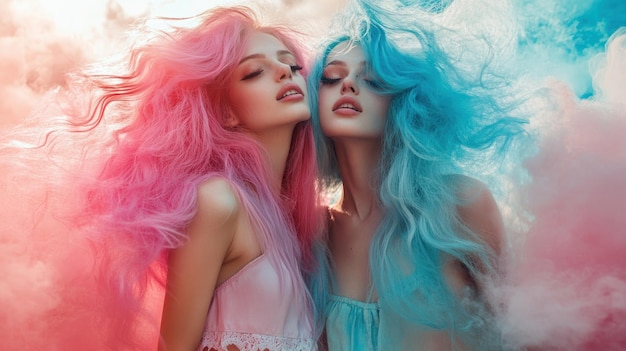 Two Women with Colorful Hair in Smoke