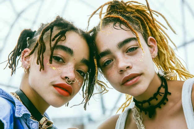 Two women with dreadlocks and gold and red makeup