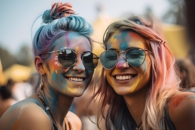 Two women with face paint on their faces are smiling at the festival