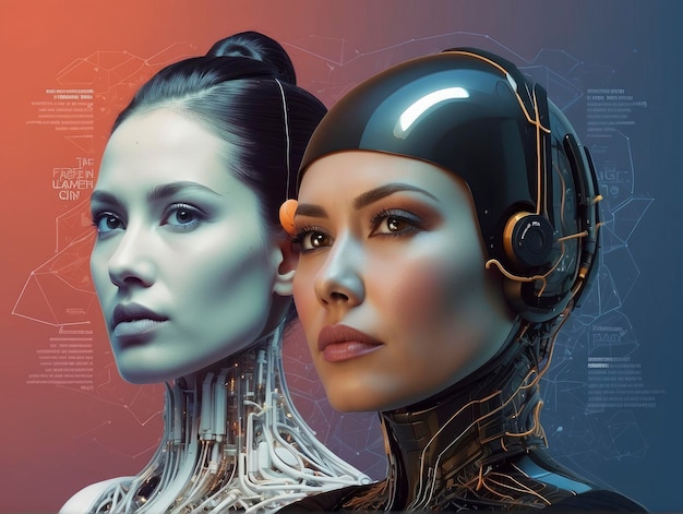 two women with headphones on and a futuristic background with a blue and red background