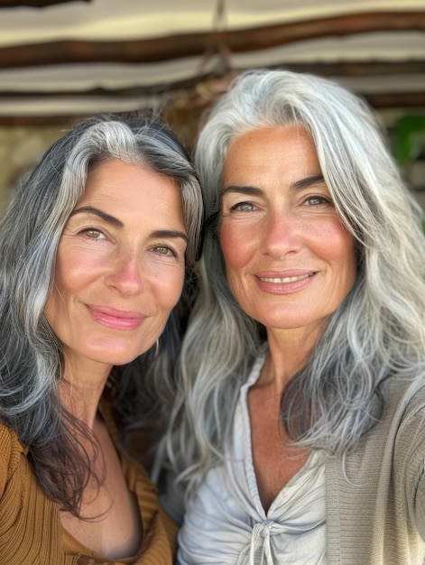 Two women with long gray hair are smiling for a photo