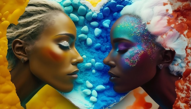 Two women with makeup on their faces looking at each other