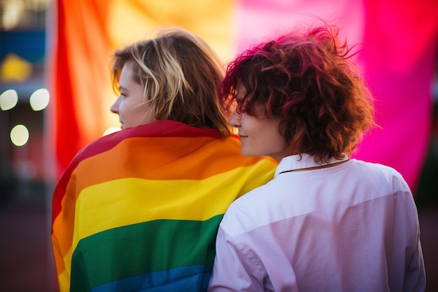 Photo two women with rainbow colored flags are standing together