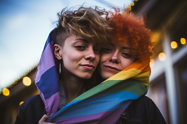 Photo two women with rainbow colored hair are hugging each other