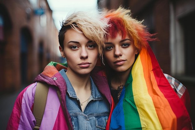 Photo two women with rainbow colored hair and a rainbow colored scarf