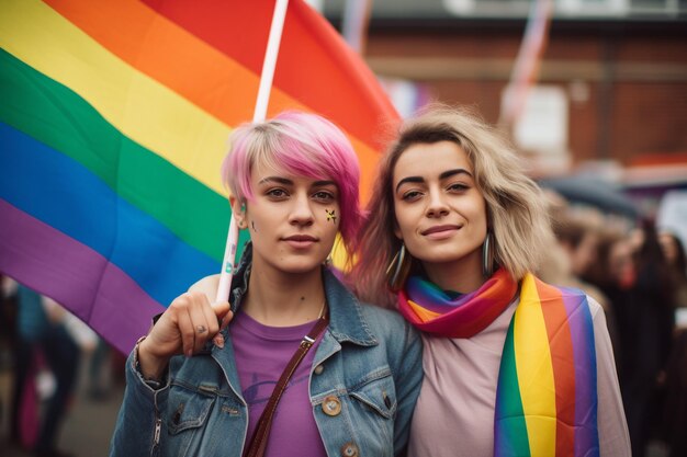 two women with rainbow colored hair and a rainbow flag