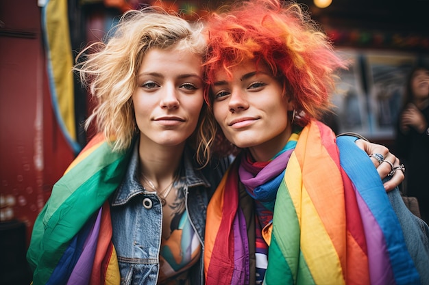 Photo two women with rainbow colored hair and a scarf