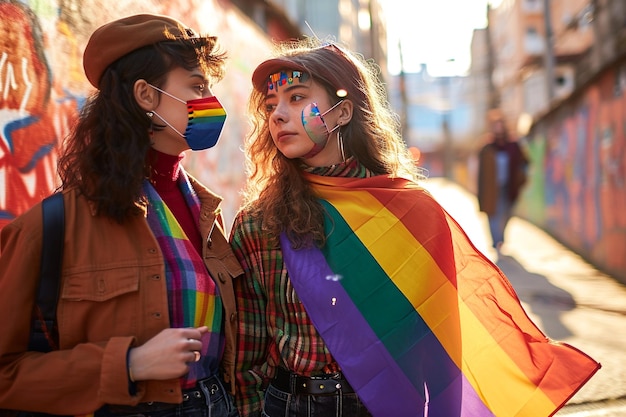 two women with rainbow colored ribbons and a rainbow flag