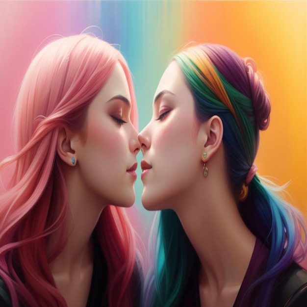 Photo two women with rainbow hair and one has a rainbow colored hair