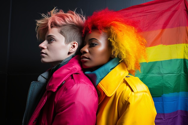 Photo two women with rainbow hair and a rainbow flag