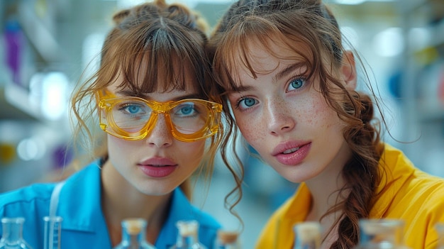 two women with yellow glasses and one has a pink lip