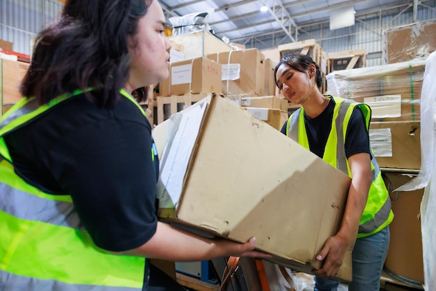 Two women worker carrying and lifting heavy cardboard box Asian obese female warehouse worker in safety vest and hardhat helmet working in warehouse factory industrial