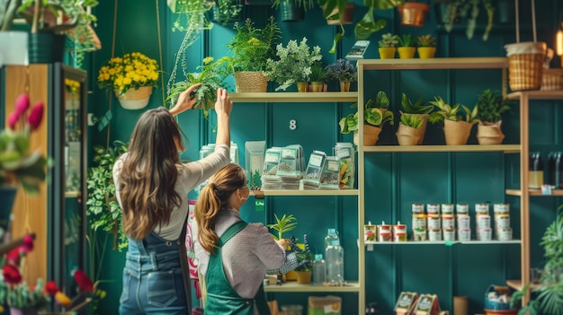 Two Women Working in a GreenThemed Plant Shop