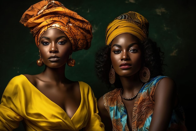 Two women in yellow turbans pose for a photo