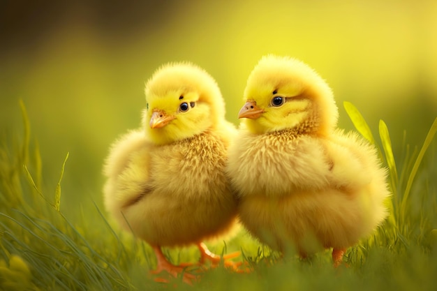 Two wonderful yellow chicks sit together on grass