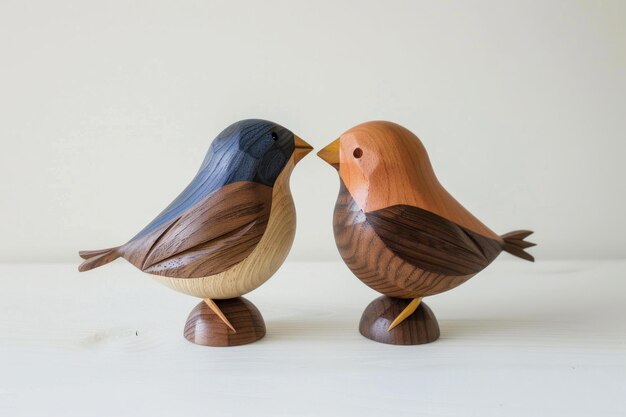 Photo two wooden birds looking at each other on white background