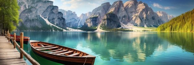 two wooden boats tied to a wooden dock in the mountains