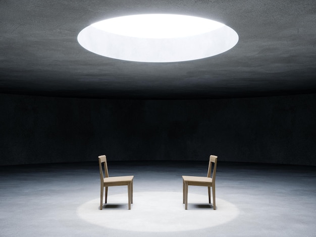 Photo two wooden chair in the dark room concrete space 3d rendering