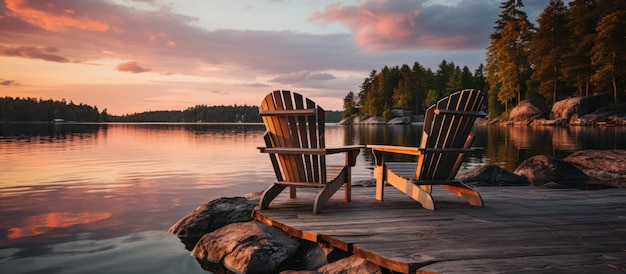 Two wooden chairs on a wooden pier overlooking a lake at sunset in Finland