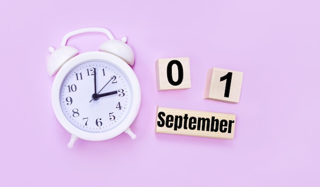 Two wooden cubes and a block with the text SEPTEMBER 01 and a white alarm clock on a light pink background Back to school concept