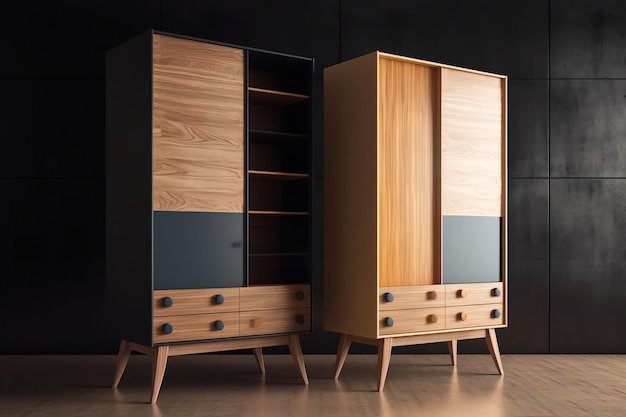 Two wooden drawers with one open and one open with the other open.