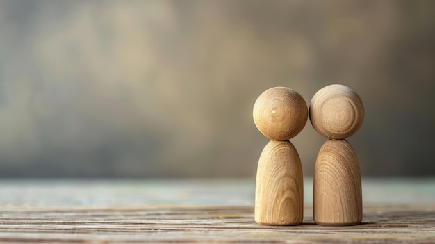 Two wooden figures standing close together on surface with blurred background