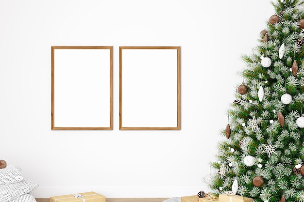 Photo two wooden frames mocap with christmas tree