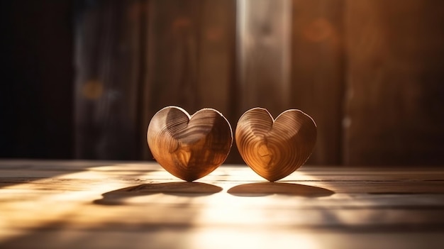 Two wooden hearts on rustic table with sunlight abstract love