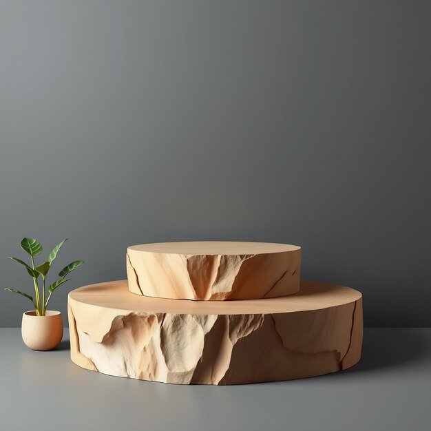 Two wooden podiums on a gray background with a small plant in the corner