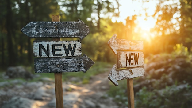 Two wooden signs with arrows point in different directions both labeled NEW in a forest setting