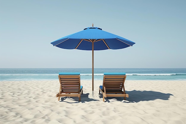 Two wooden sunbeds and umbrella on sandy beach with turquoise sea Wooden beach umbrellas and orange colored beach lounge chairs at a beach