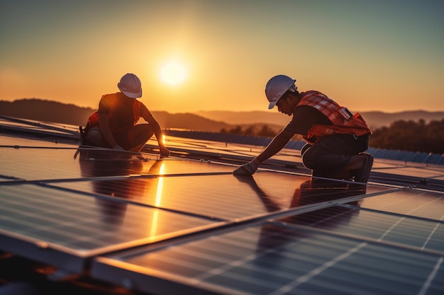 Two workers are working on solar panels while the sun rises with Generative AI