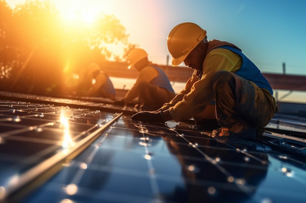 Two workers are working on solar panels while the sun rises with Generative AI