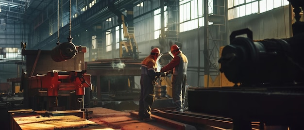 Photo two workers clad in safety gear collaborate in an industrial setting bathed in natural light filtering through large windows emphasizing teamwork and industry