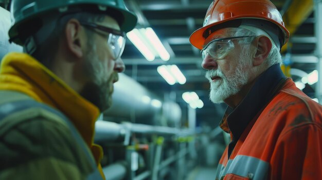 Two Workers in Industrial Setting Two workers in hardhats stand in a large industrial facility surrounded by machinery and pipes The image captures the atmosphere of a busy factory