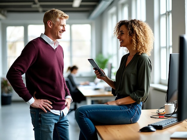 Photo two workers in the office having a conversation between them a woman sitting on the table with a tab