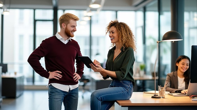 Photo two workers in the office having a conversation between them a woman sitting on the table with a tab