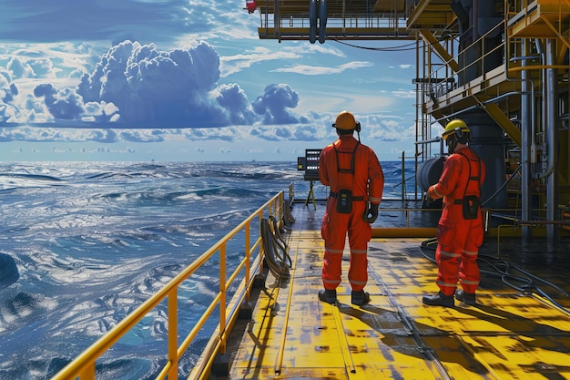 Two workers in orange protective gear stand on an offshore oil rig platform Clouds in the sky and waves in the sea emphasize the vastness Industrial maritime exploration Generative AI