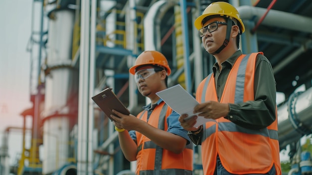 two workers wearing orange vests with one holding a book